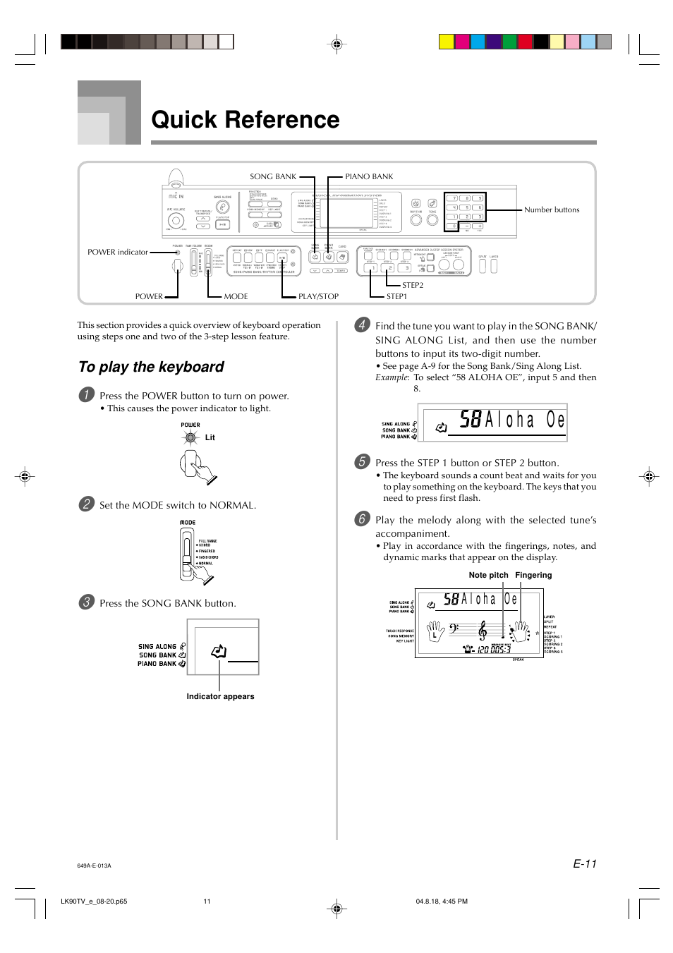 Quick reference | Casio LK92TV User Manual | Page 13 / 81