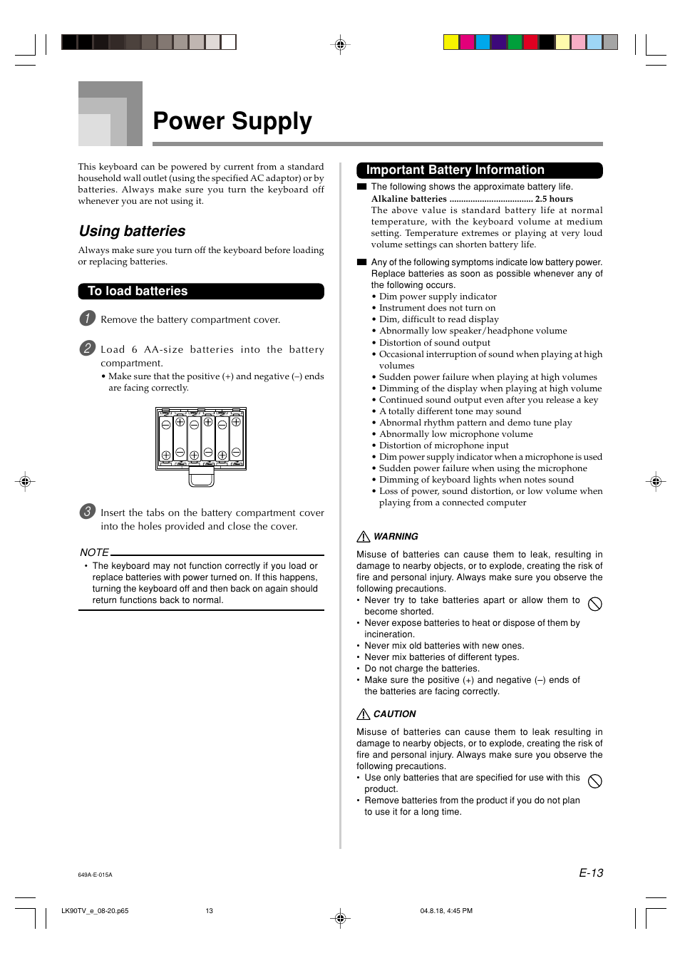 Power supply, Using batteries | Casio LK92TV User Manual | Page 15 / 81