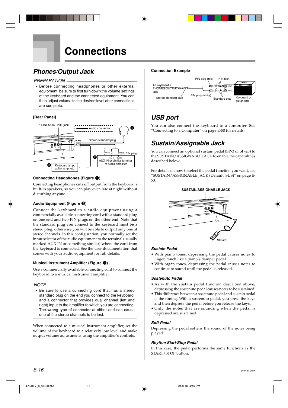 Connections, Phones/output jack, Usb port | Sustain/assignable jack, E-16 | Casio LK92TV User Manual | Page 18 / 81