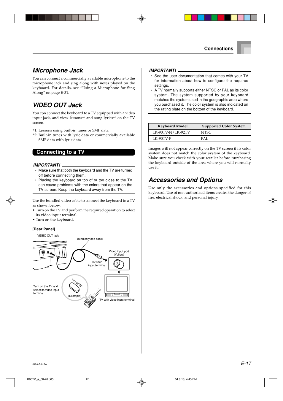 Microphone jack, Video out jack, Accessories and options | Connecting to a tv, E-17, Connections | Casio LK92TV User Manual | Page 19 / 81