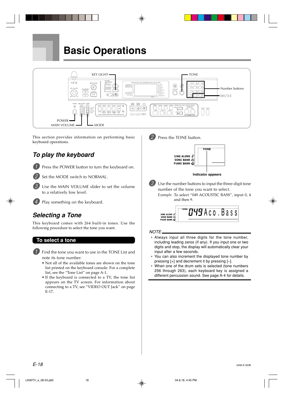 Basic operations, A c o . b s a s, Selecting a tone | Casio LK92TV User Manual | Page 20 / 81