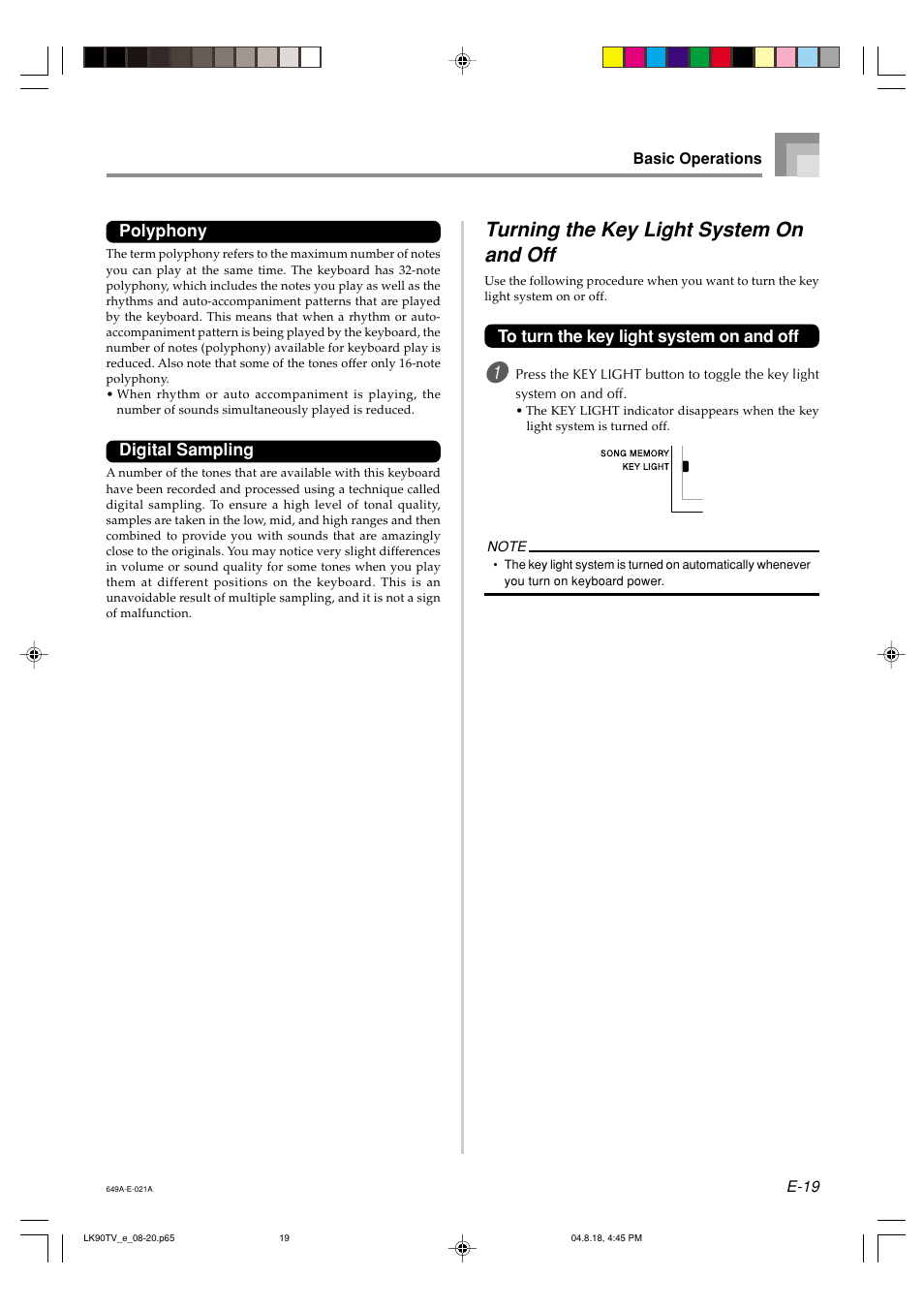 Turning the key light system on and off | Casio LK92TV User Manual | Page 21 / 81