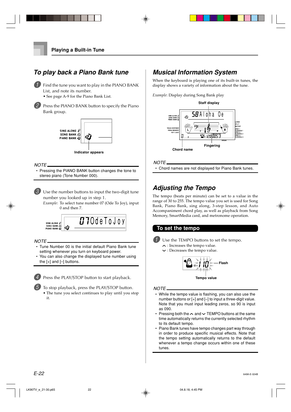 Musical information system, Adjusting the tempo | Casio LK92TV User Manual | Page 24 / 81