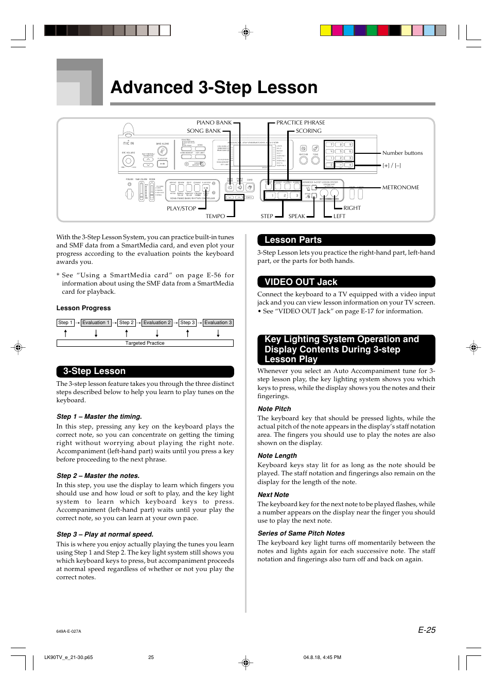 Advanced 3-step lesson, Lesson parts, Video out jack | Step lesson, E-25 | Casio LK92TV User Manual | Page 27 / 81