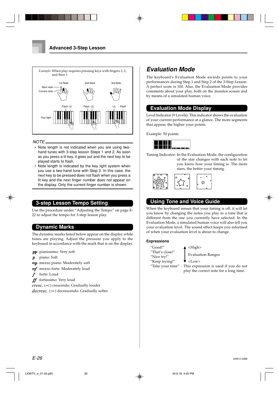 Evaluation mode, Step lesson tempo setting, Dynamic marks | Evaluation mode display, Using tone and voice guide, E-26 advanced 3-step lesson | Casio LK92TV User Manual | Page 28 / 81
