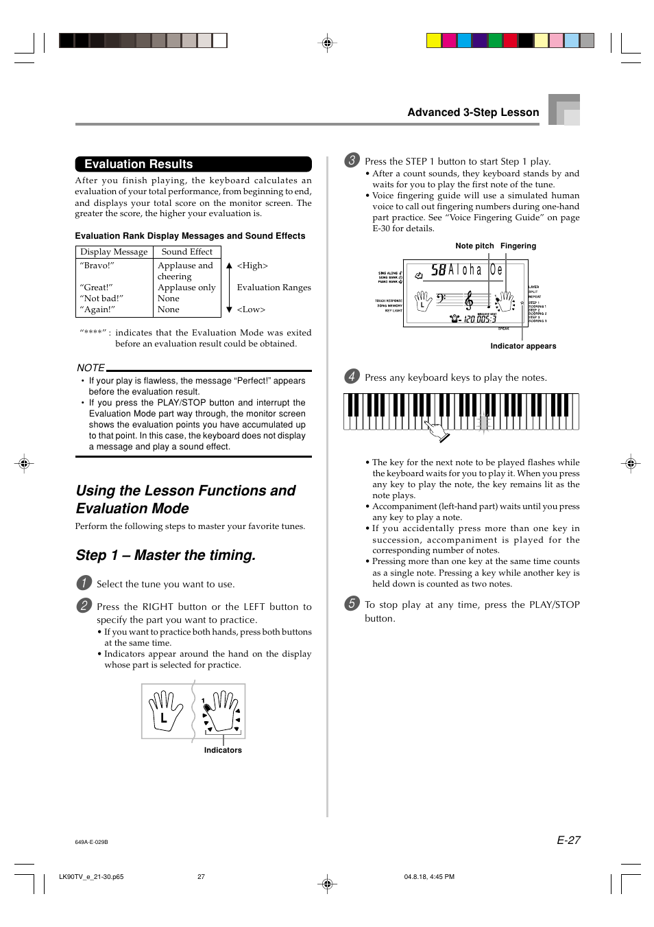 Using the lesson functions and evaluation mode, Step 1 – master the timing, Evaluation results | Casio LK92TV User Manual | Page 29 / 81