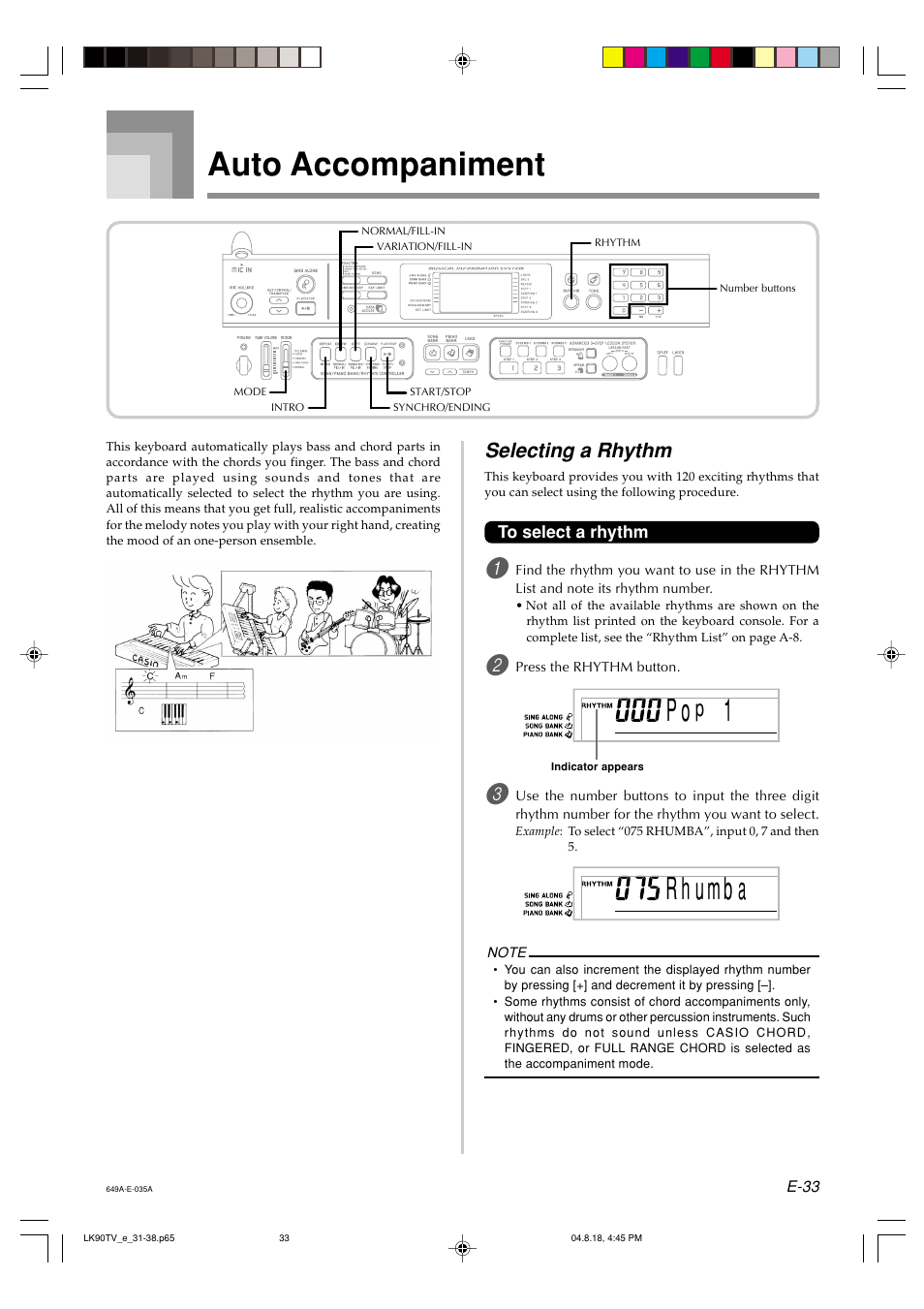 Auto accompaniment, R h u mb a p o, Selecting a rhythm | Casio LK92TV User Manual | Page 35 / 81
