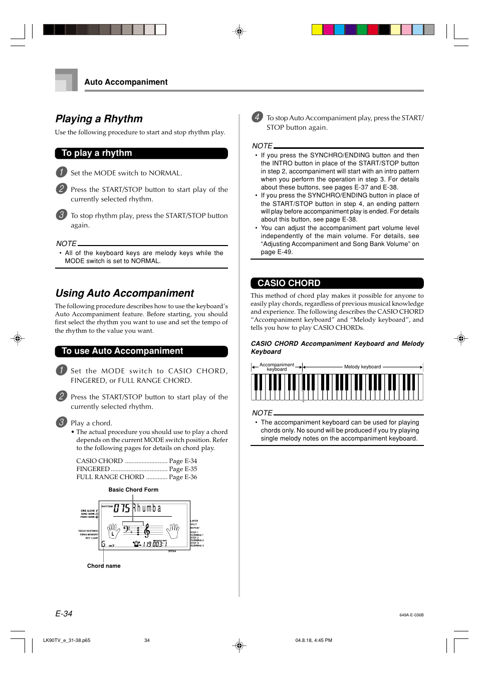 Playing a rhythm, Using auto accompaniment | Casio LK92TV User Manual | Page 36 / 81