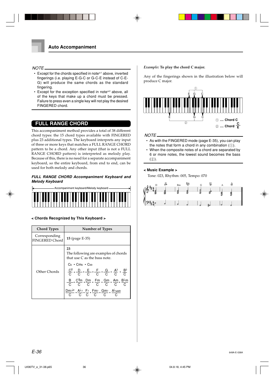 Full range chord, E-36, Auto accompaniment | Casio LK92TV User Manual | Page 38 / 81