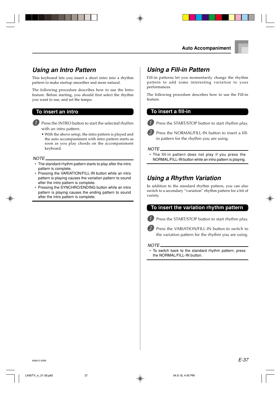 Using an intro pattern, Using a fill-in pattern, Using a rhythm variation | Casio LK92TV User Manual | Page 39 / 81