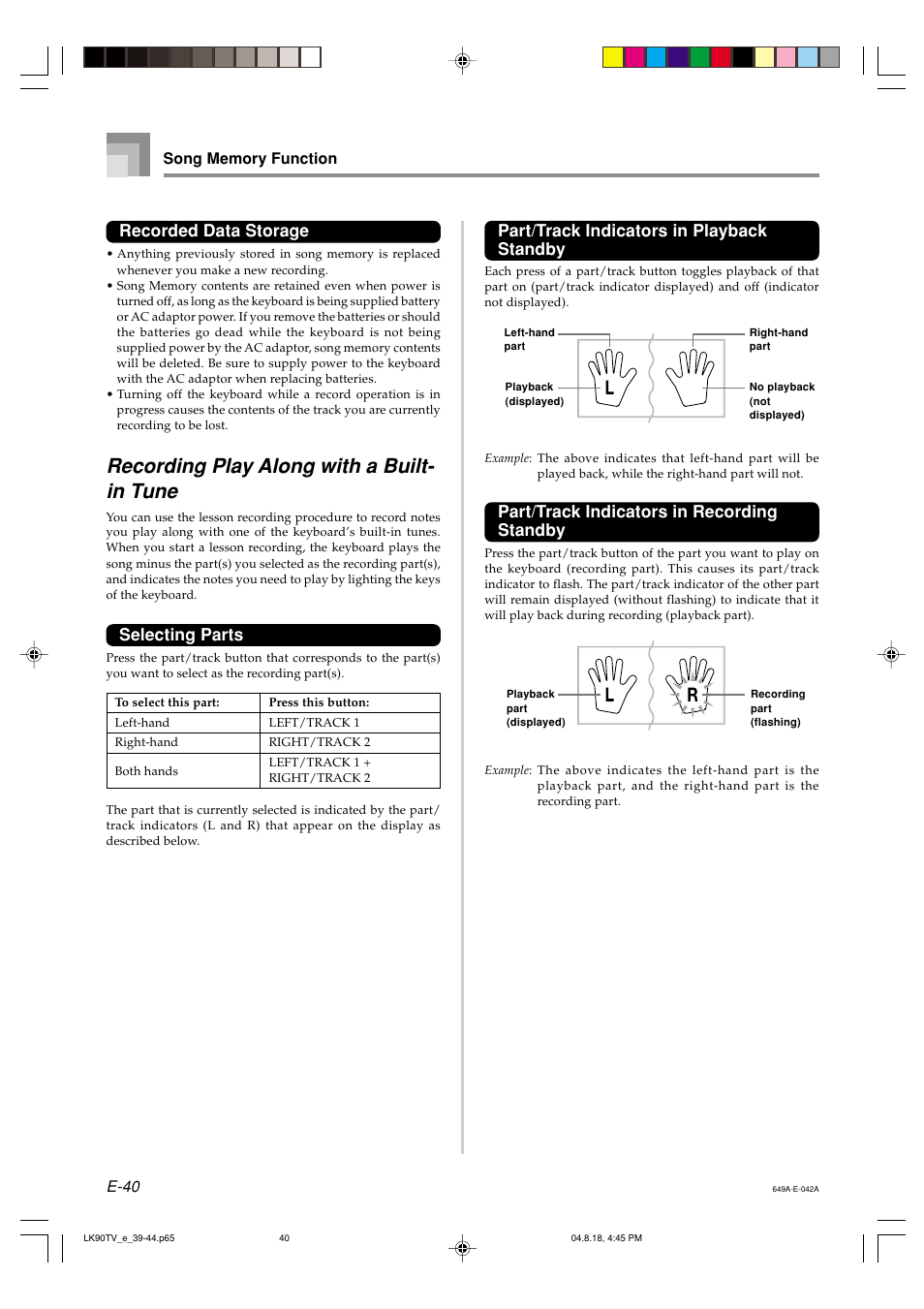 Recording play along with a built- in tune, Recorded data storage, Selecting parts | Part/track indicators in playback standby, Part/track indicators in recording standby | Casio LK92TV User Manual | Page 42 / 81