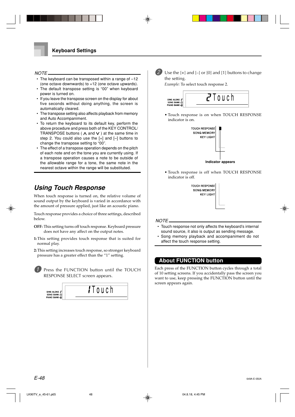 Using touch response | Casio LK92TV User Manual | Page 50 / 81