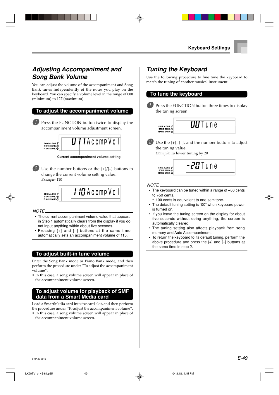 T u n e, Adjusting accompaniment and song bank volume, Tuning the keyboard | Casio LK92TV User Manual | Page 51 / 81