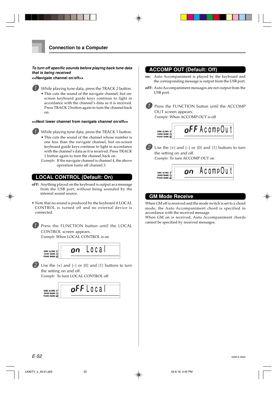 A c o m, O u t | Casio LK92TV User Manual | Page 54 / 81