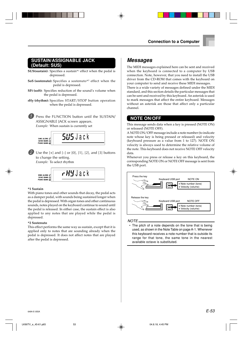J a c k, Messages, Sustain/assignable jack (default: sus) | Casio LK92TV User Manual | Page 55 / 81