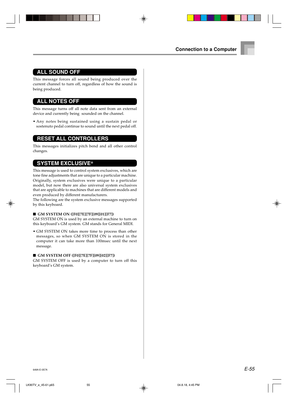 All sound off, Reset all controllers, System exclusive | Casio LK92TV User Manual | Page 57 / 81