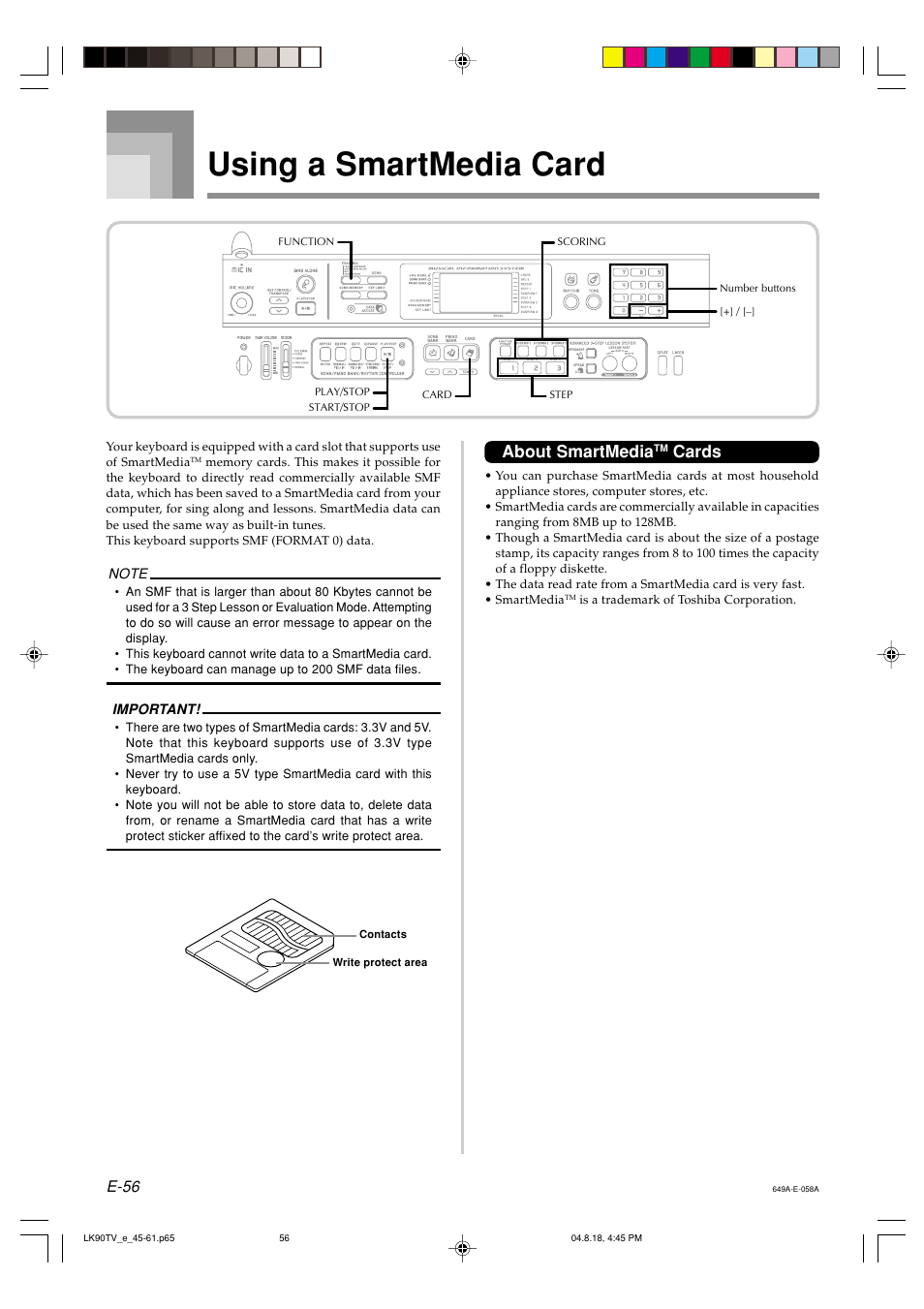 Using a smartmedia card, About smartmedia, Cards | E-56 | Casio LK92TV User Manual | Page 58 / 81