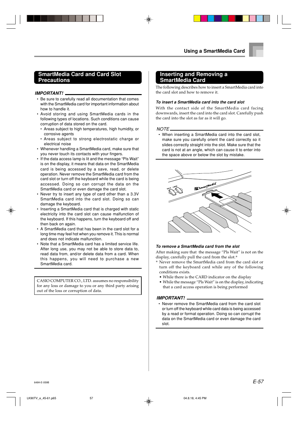 Inserting and removing a smartmedia card, Smartmedia card and card slot precautions, E-57 | Using a smartmedia card | Casio LK92TV User Manual | Page 59 / 81