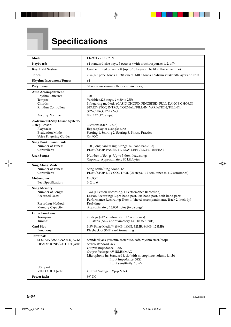 Specifications, E-64 | Casio LK92TV User Manual | Page 66 / 81