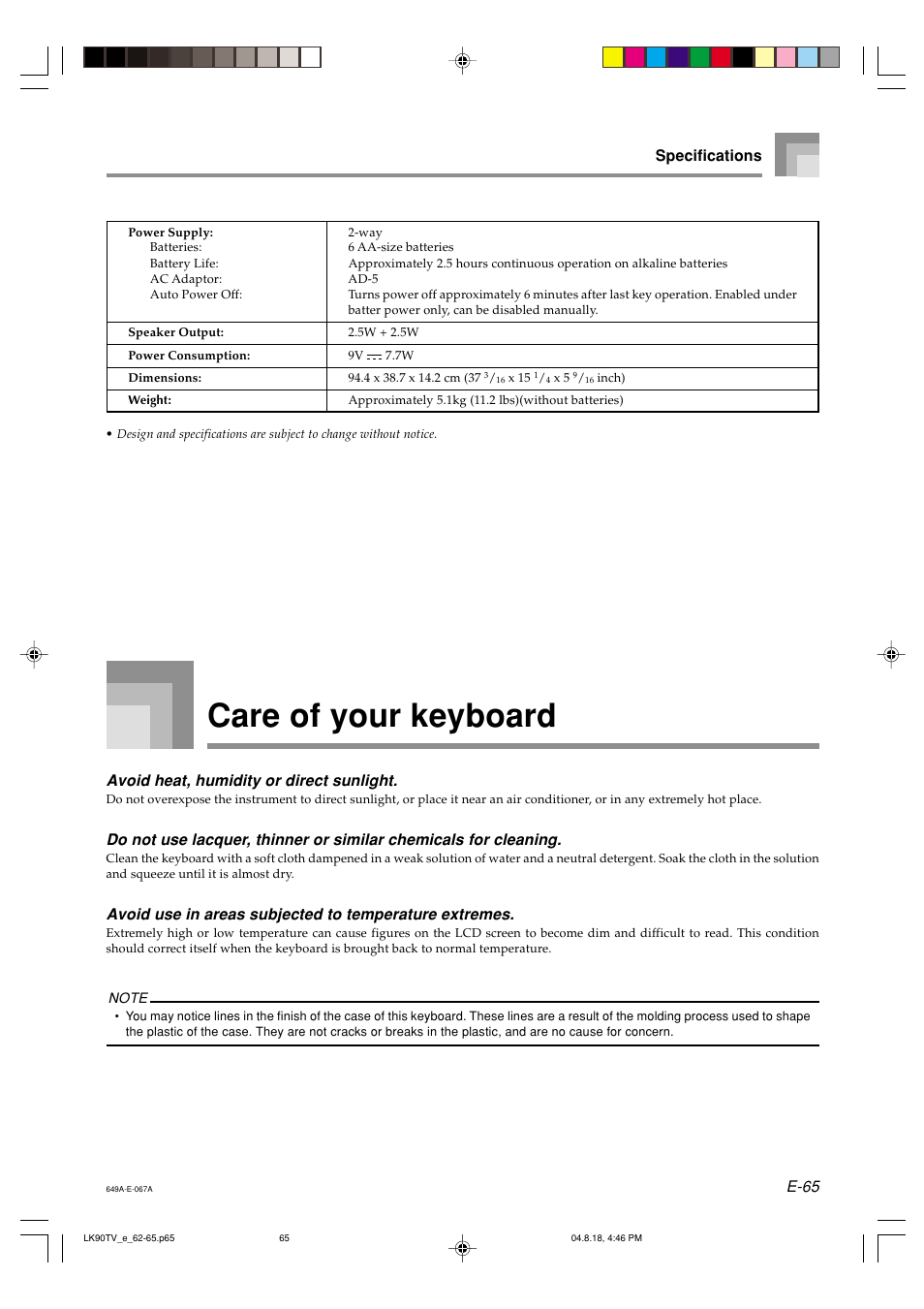 Care of your keyboard, E-65 specifications, Avoid heat, humidity or direct sunlight | Casio LK92TV User Manual | Page 67 / 81