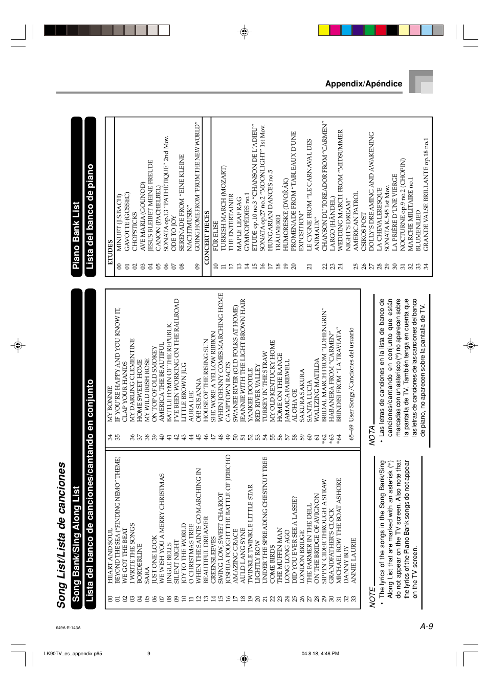 Song list/lista de canciones, Piano bank list lista del banco de piano, A-9 appendix/apéndice | Casio LK92TV User Manual | Page 76 / 81