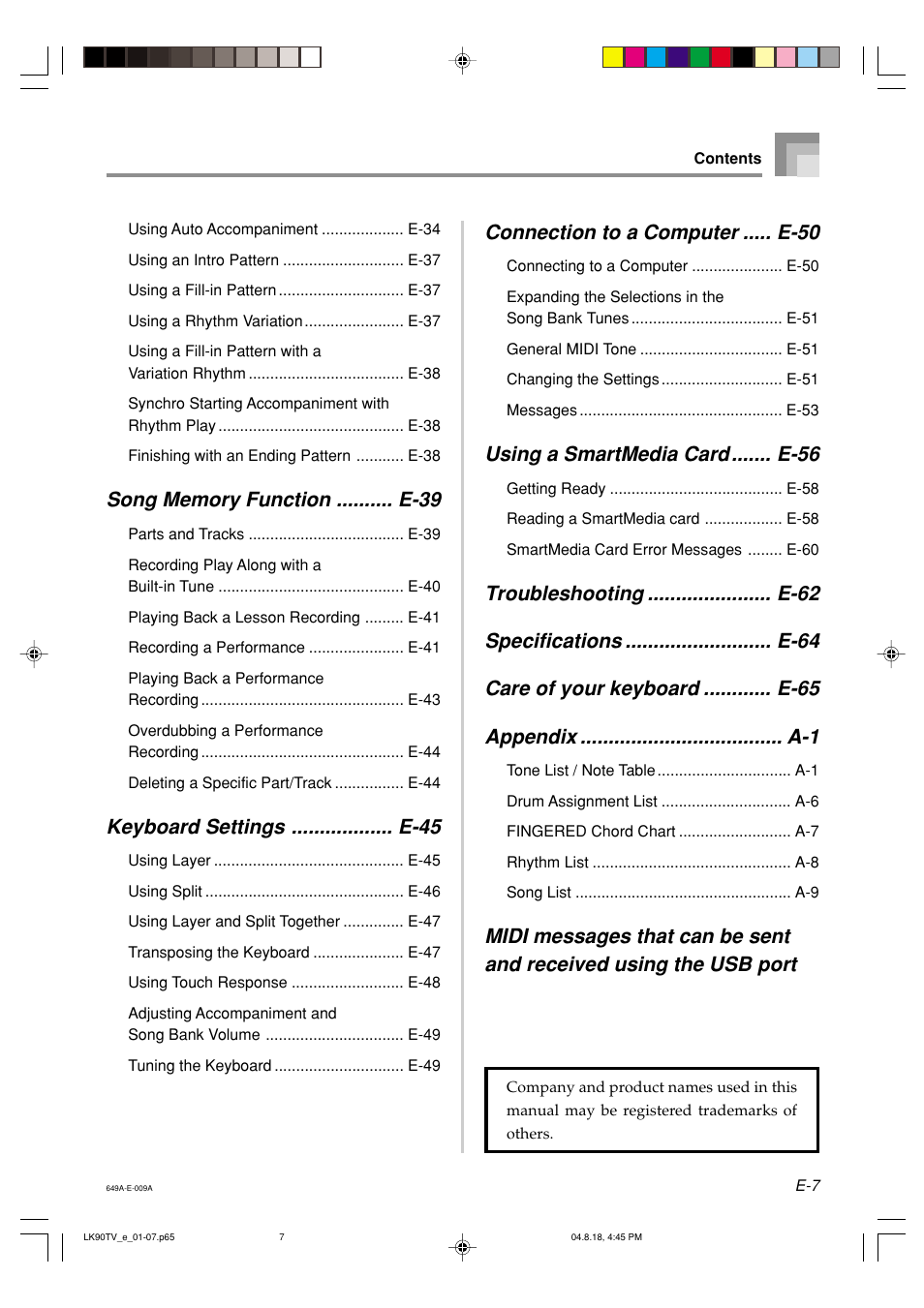 Keyboard settings .................. e-45, Connection to a computer ..... e-50, Using a smartmedia card ....... e-56 | Casio LK92TV User Manual | Page 9 / 81