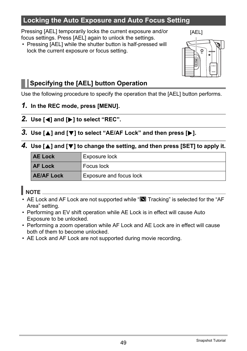 Locking the auto exposure and auto focus setting, Specifying the [ael] button operation | Casio EXILIM EX-FH20 User Manual | Page 49 / 176