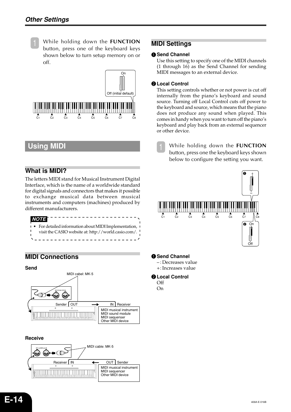 E-14, Using midi, Other settings | What is midi, Midi connections, Midi settings, Send receive | Casio PX700 User Manual | Page 16 / 26