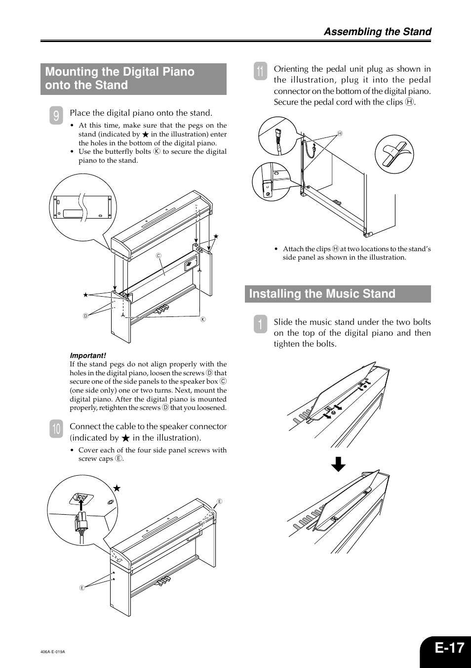 E-17, Mounting the digital piano onto the stand, Installing the music stand | Assembling the stand | Casio PX700 User Manual | Page 19 / 26