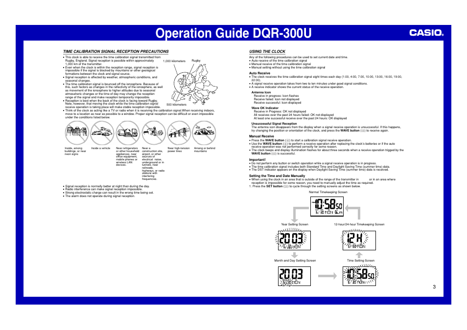 Time calibration signal reception precautions, Using the clock, Operation guide dqr-300u | Casio DQR-300U User Manual | Page 3 / 6