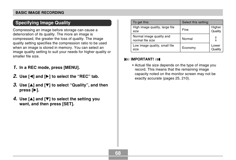 Specifying image quality | Casio EX-Z57 User Manual | Page 68 / 214