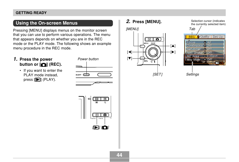 Using the on-screen menus | Casio EX-Z70 User Manual | Page 44 / 252