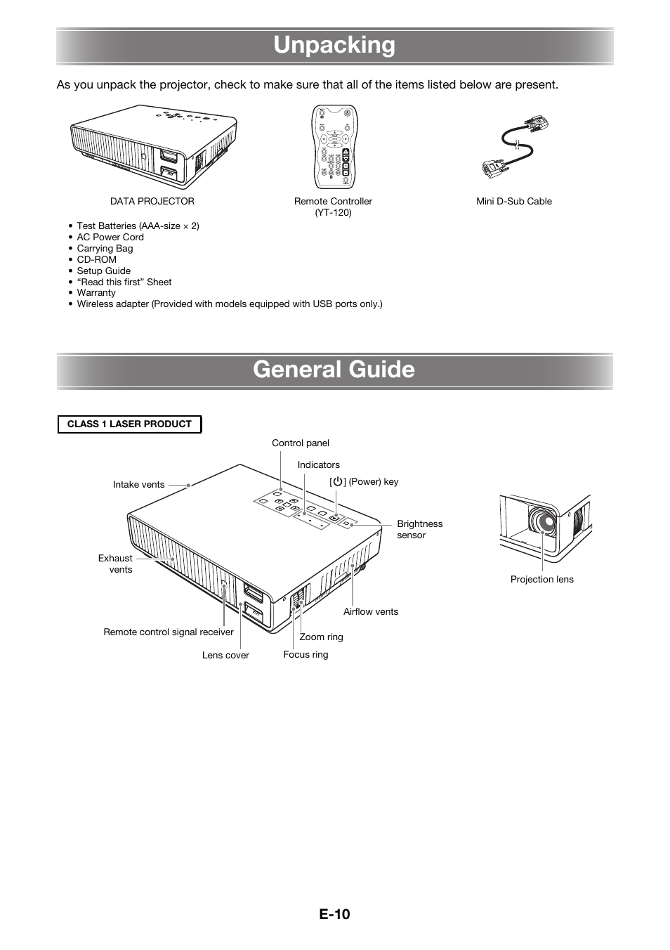 Unpacking, General guide, E-10 | Casio XJ-M145 User Manual | Page 12 / 26