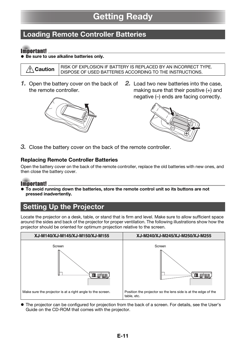 Getting ready, Loading remote controller batteries, Setting up the projector | Casio XJ-M145 User Manual | Page 13 / 26