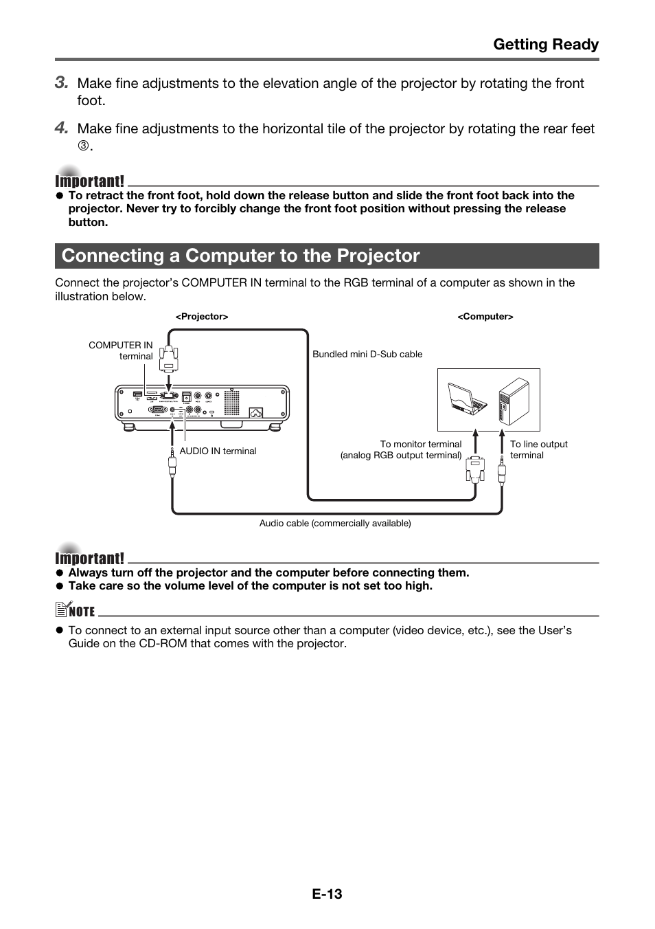 Connecting a computer to the projector, Getting ready | Casio XJ-M145 User Manual | Page 15 / 26