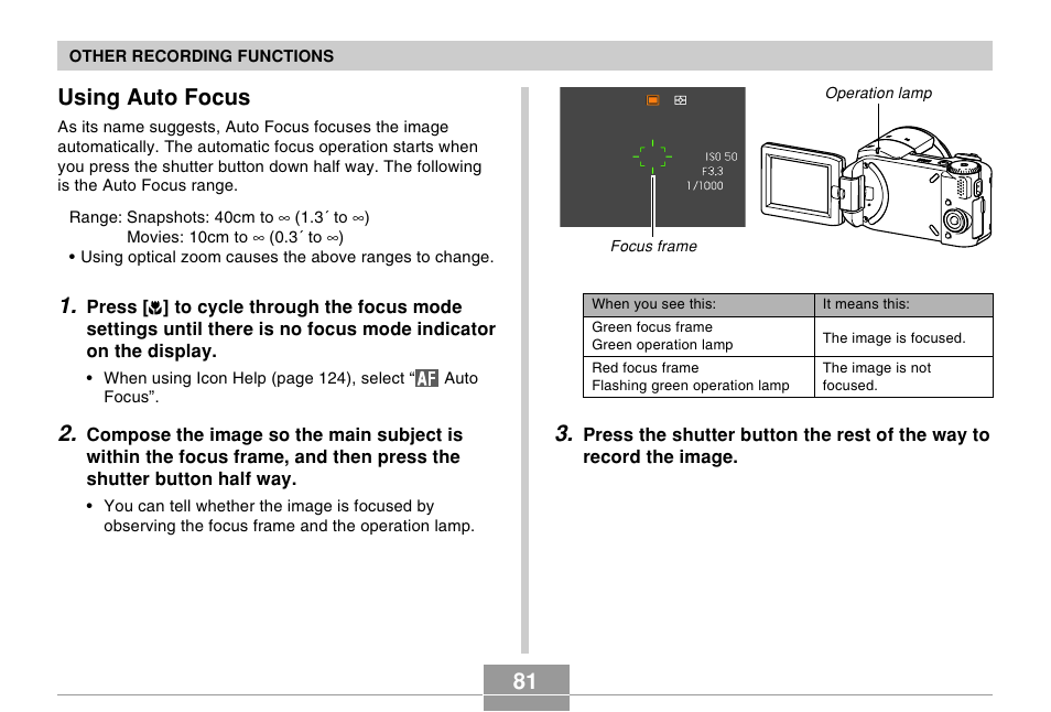 Using auto focus | Casio EX-P505 User Manual | Page 81 / 236