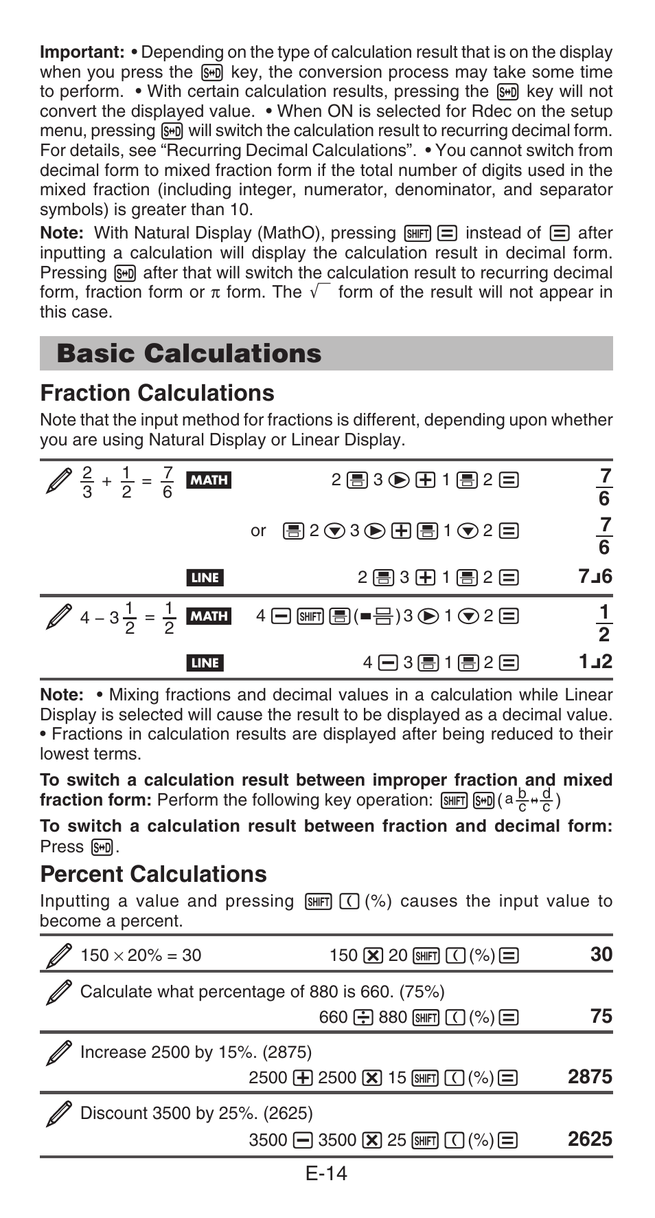 Basic calculations, Fraction calculations, Percent calculations | Casio FX-85GT PLUS User Manual | Page 15 / 32