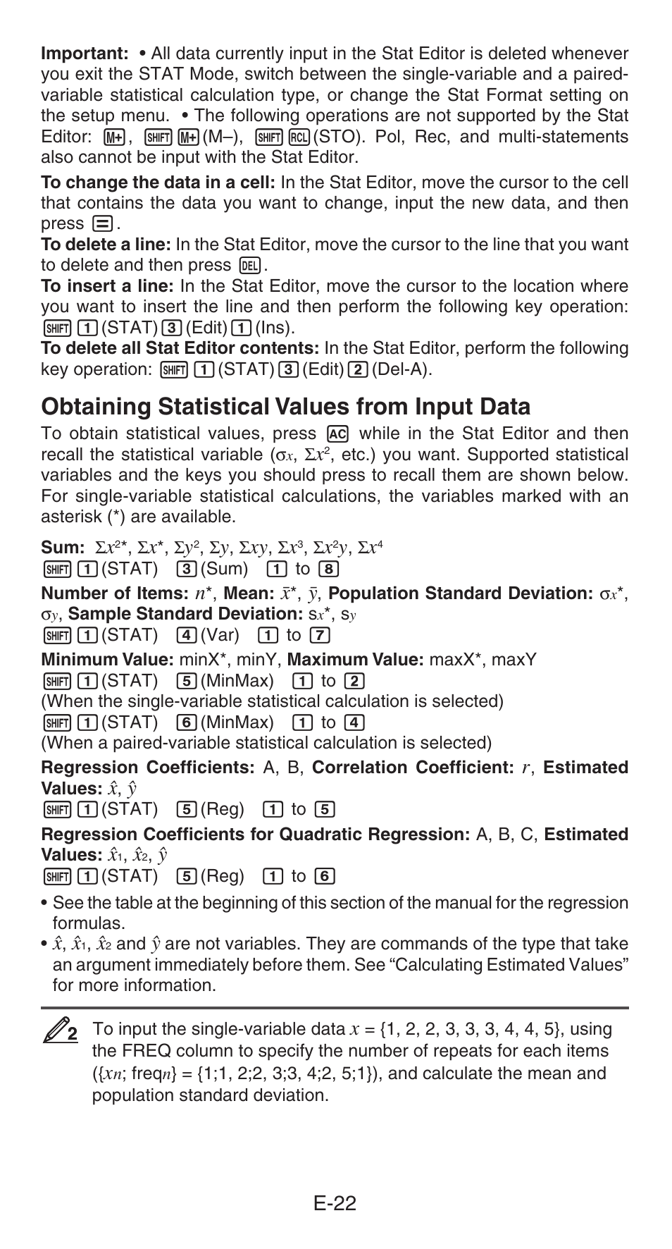 Obtaining statistical values from input data, E-22 | Casio FX-85GT PLUS User Manual | Page 23 / 32