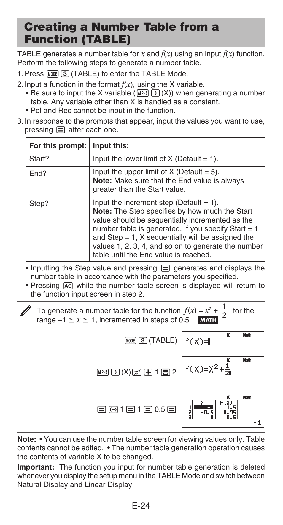 Creating a number table from a function (table), E-24 | Casio FX-85GT PLUS User Manual | Page 25 / 32