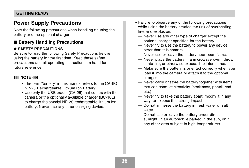 Power supply precautions, 36 power supply precautions | Casio EX-S100 User Manual | Page 36 / 207