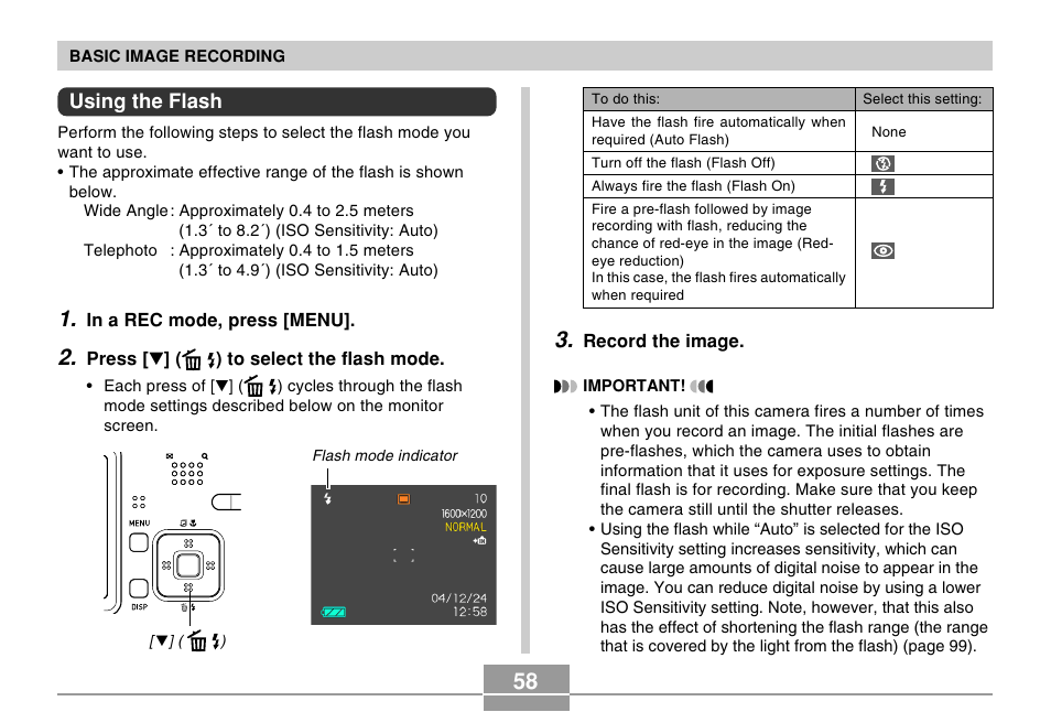 Using the flash | Casio EX-S100 User Manual | Page 58 / 207