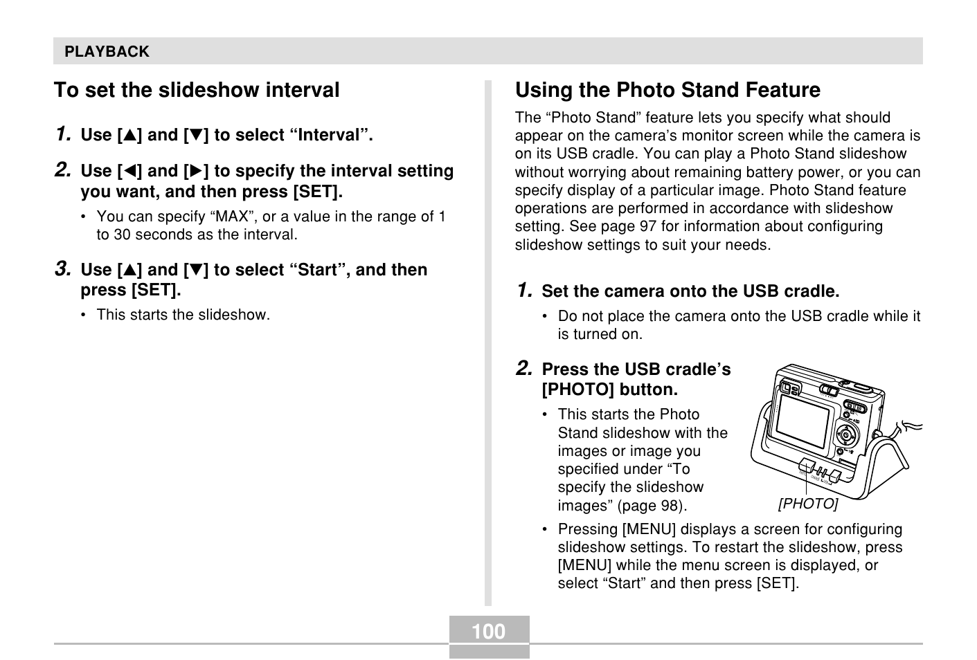 To set the slideshow interval, Using the photo stand feature | Casio E MULTI PJ CAMERA Multifunctional Camera System User Manual | Page 100 / 174