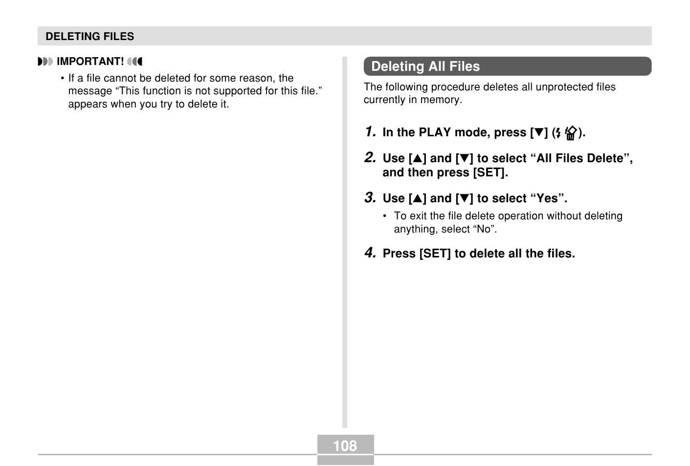 Deleting all files | Casio E MULTI PJ CAMERA Multifunctional Camera System User Manual | Page 108 / 174