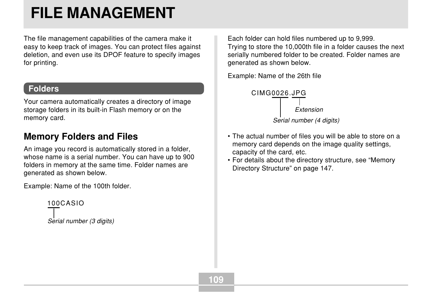 File management, Folders, Memory folders and files | Casio E MULTI PJ CAMERA Multifunctional Camera System User Manual | Page 109 / 174