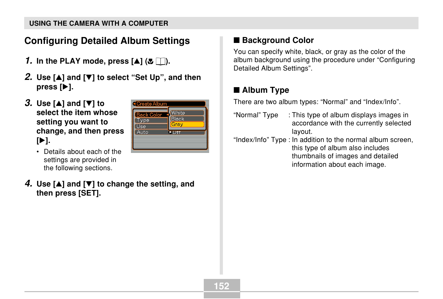 Configuring detailed album settings, 152 configuring detailed album settings 1 | Casio E MULTI PJ CAMERA Multifunctional Camera System User Manual | Page 152 / 174
