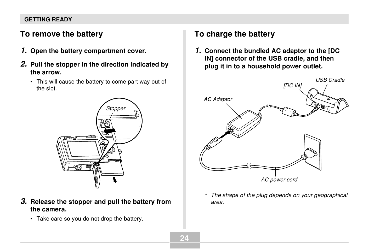To remove the battery, To charge the battery, 24 to charge the battery 1 | Casio E MULTI PJ CAMERA Multifunctional Camera System User Manual | Page 24 / 174