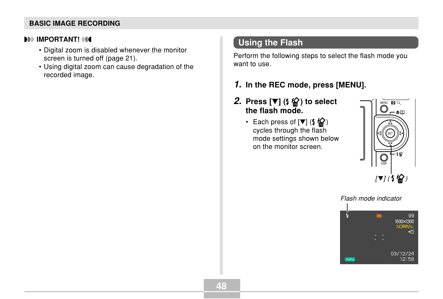 Using the flash | Casio E MULTI PJ CAMERA Multifunctional Camera System User Manual | Page 48 / 174