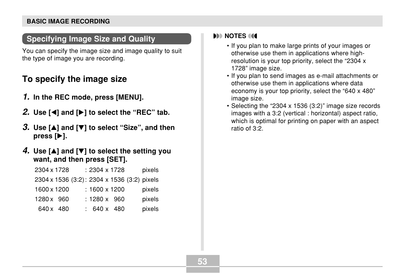 Specifying image size and quality, To specify the image size | Casio E MULTI PJ CAMERA Multifunctional Camera System User Manual | Page 53 / 174
