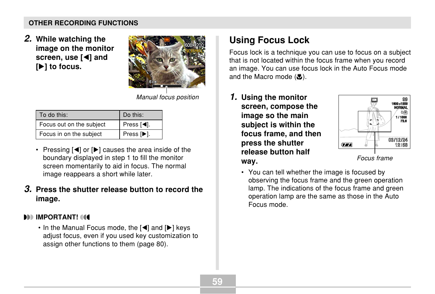 Using focus lock | Casio E MULTI PJ CAMERA Multifunctional Camera System User Manual | Page 59 / 174