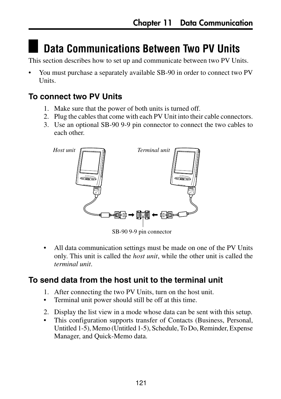 Data communications between two pv units, To connect two pv units | Casio PV-S460/PV-S660 User Manual | Page 123 / 187